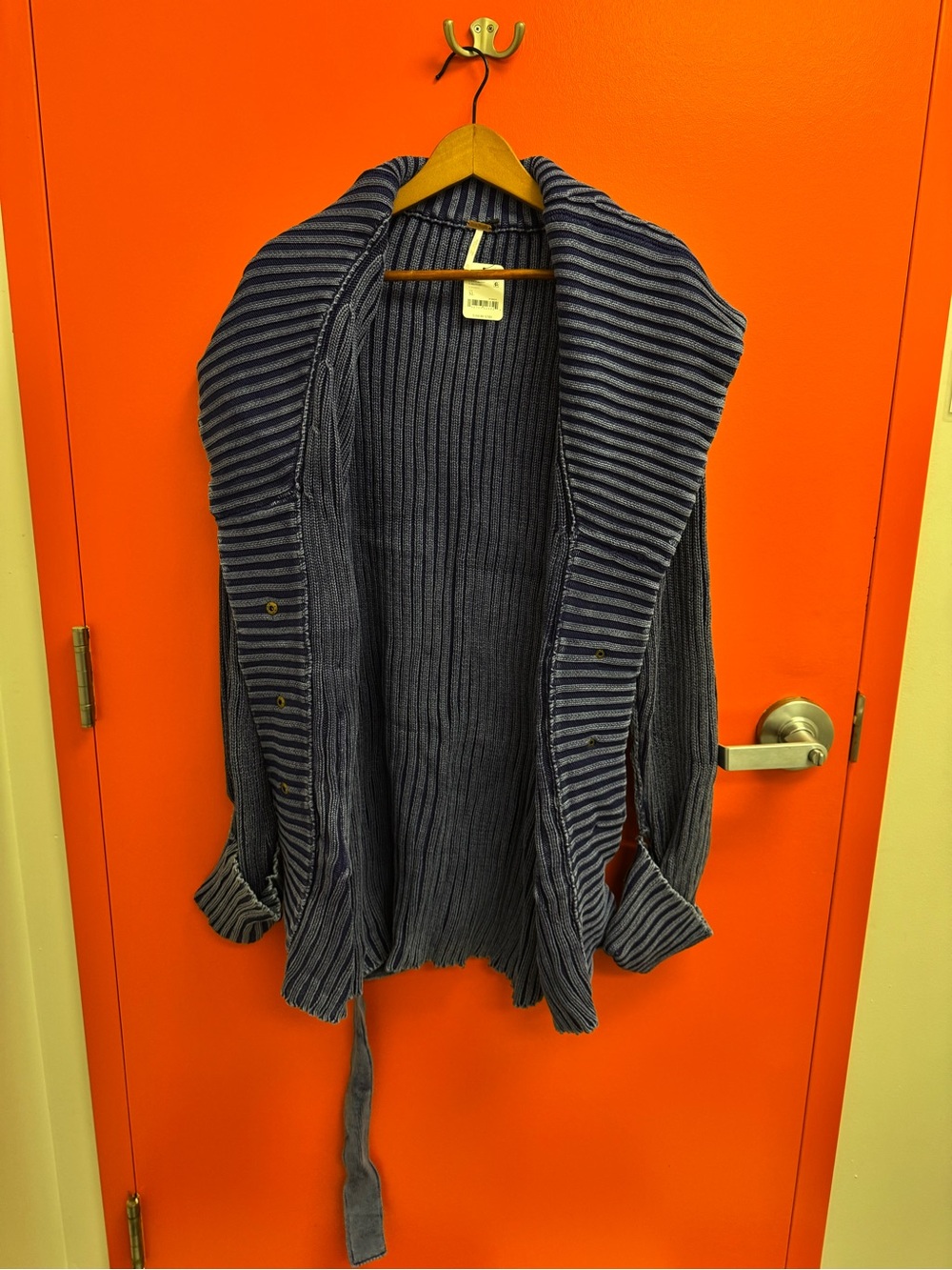 Free People Navy Striped Ribbed Crewneck Cardigan